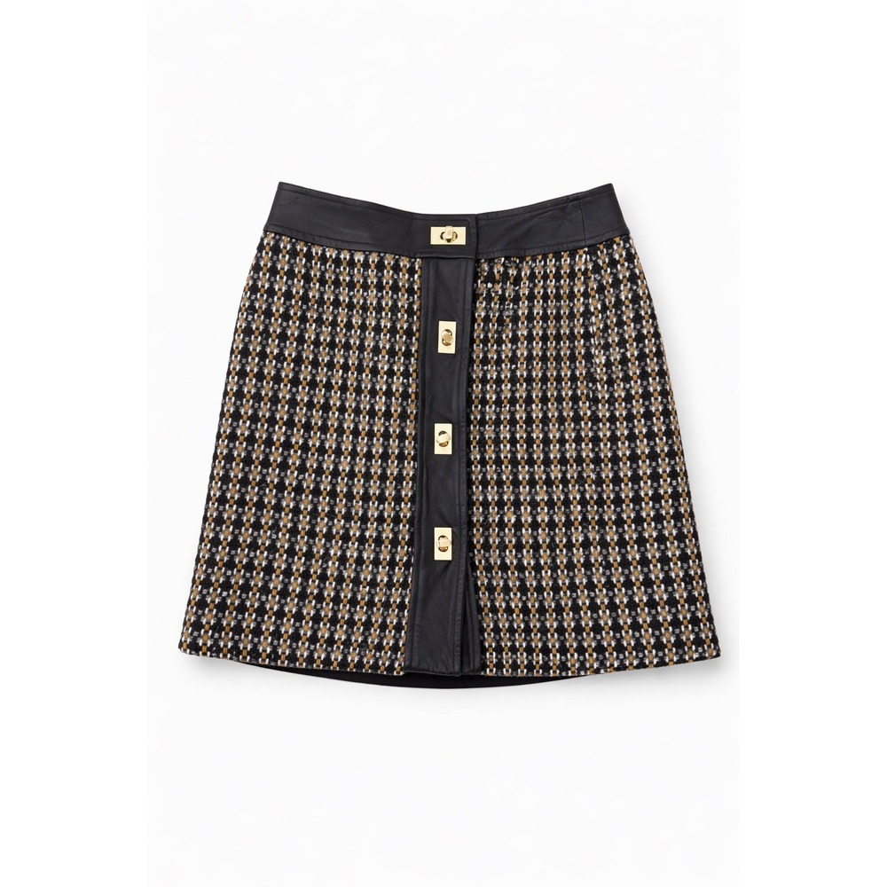 Milly‎ Tweed Leather Trim Button Front Mini Skirt Black Gold Size 4